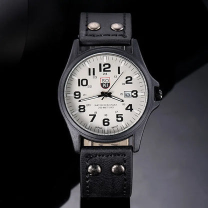 Mens Casual Wristwatch - Quartz Leather Strap Shock Resistant Calendar Watch - ZOOMNSTORE