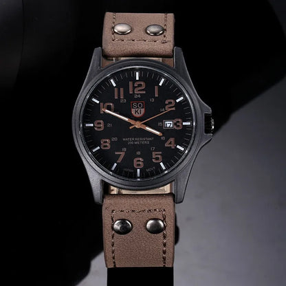 Mens Casual Wristwatch - Quartz Leather Strap Shock Resistant Calendar Watch - ZOOMNSTORE