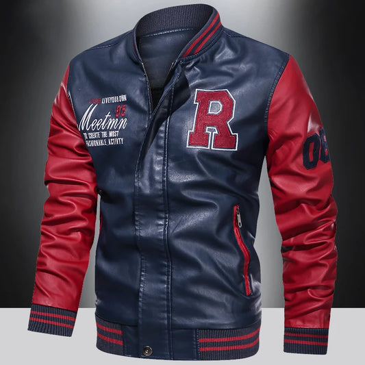 Mens Color Block Leather Motorcycle Jacket - Casual PU Pilot Jacket - ZOOMNSTORE
