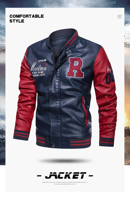 Mens Color Block Leather Motorcycle Jacket - Casual PU Pilot Jacket - ZOOMNSTORE