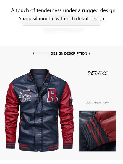Mens Color Block Leather Motorcycle Jacket - Casual PU Pilot Jacket - ZOOMNSTORE