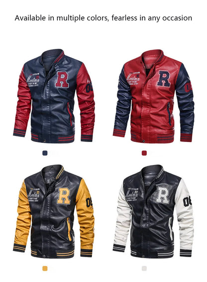 Mens Color Block Leather Motorcycle Jacket - Casual PU Pilot Jacket - ZOOMNSTORE
