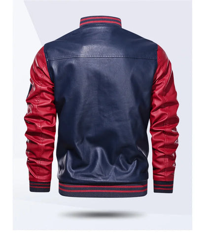 Mens Color Block Leather Motorcycle Jacket - Casual PU Pilot Jacket - ZOOMNSTORE