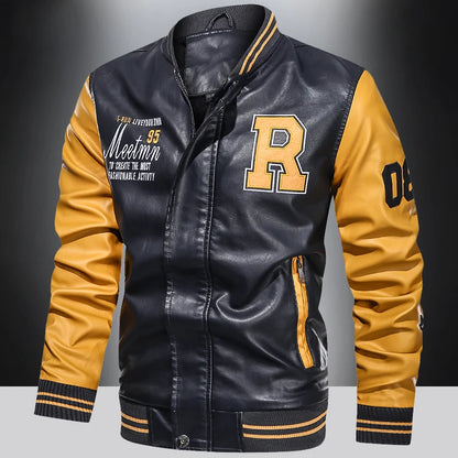 Mens Color Block Leather Motorcycle Jacket - Casual PU Pilot Jacket - ZOOMNSTORE