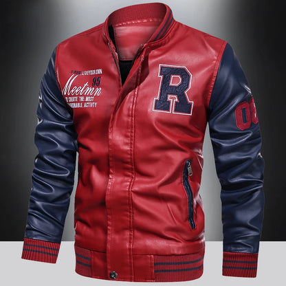 Mens Color Block Leather Motorcycle Jacket - Casual PU Pilot Jacket - ZOOMNSTORE