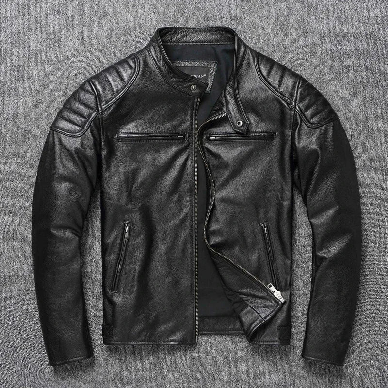Mens Cowhide Leather Motorcycle Jacket - Plus Size Autumn Winter Stand Collar - ZOOMNSTORE