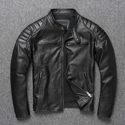 Mens Cowhide Leather Motorcycle Jacket - Plus Size Autumn Winter Stand Collar - ZOOMNSTORE