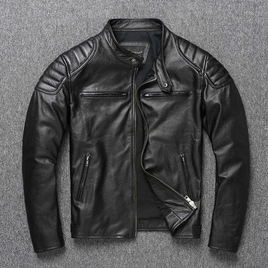 Mens Cowhide Leather Motorcycle Jacket - Plus Size Autumn Winter Stand Collar - ZOOMNSTORE