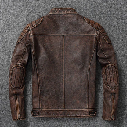 Mens Cowhide Leather Motorcycle Jacket - Plus Size Autumn Winter Stand Collar - ZOOMNSTORE