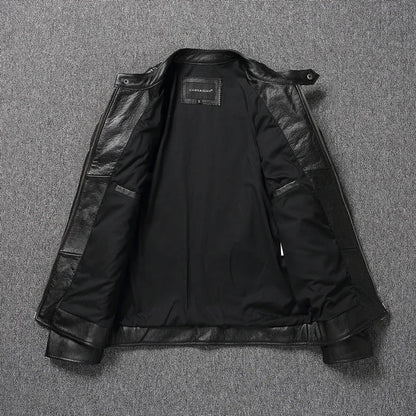 Mens Cowhide Leather Motorcycle Jacket - Plus Size Autumn Winter Stand Collar - ZOOMNSTORE