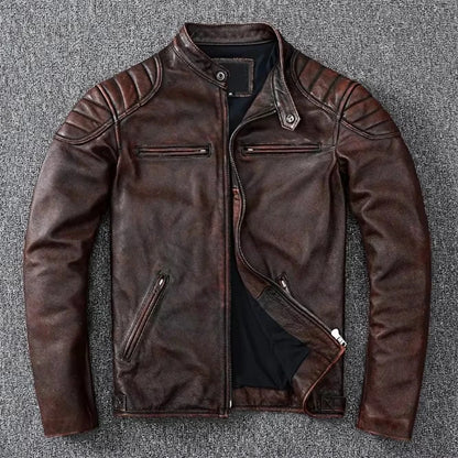 Mens Cowhide Leather Motorcycle Jacket - Plus Size Autumn Winter Stand Collar - ZOOMNSTORE