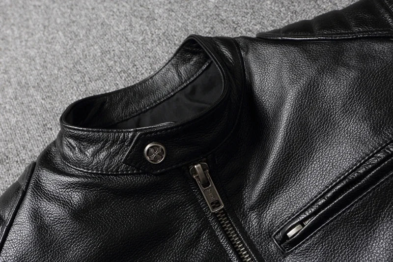 Mens Cowhide Leather Motorcycle Jacket - Plus Size Autumn Winter Stand Collar - ZOOMNSTORE