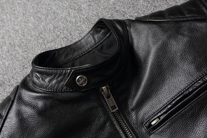 Mens Cowhide Leather Motorcycle Jacket - Plus Size Autumn Winter Stand Collar - ZOOMNSTORE