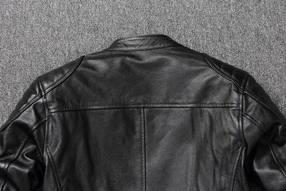 Mens Cowhide Leather Motorcycle Jacket - Plus Size Autumn Winter Stand Collar - ZOOMNSTORE