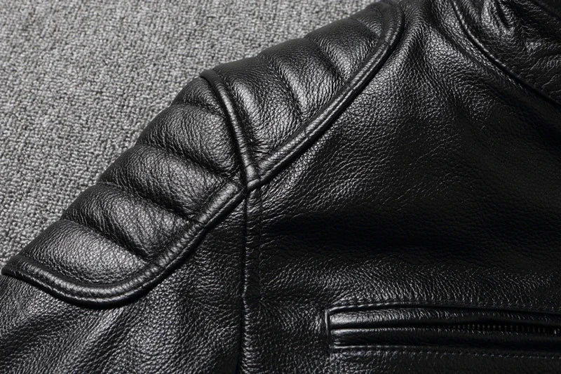 Mens Cowhide Leather Motorcycle Jacket - Plus Size Autumn Winter Stand Collar - ZOOMNSTORE
