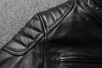 Mens Cowhide Leather Motorcycle Jacket - Plus Size Autumn Winter Stand Collar - ZOOMNSTORE