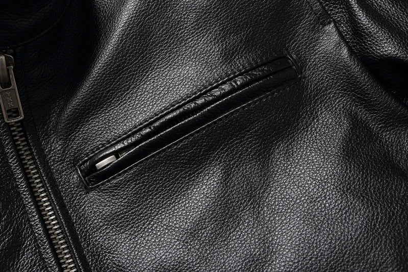 Mens Cowhide Leather Motorcycle Jacket - Plus Size Autumn Winter Stand Collar - ZOOMNSTORE