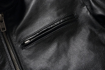 Mens Cowhide Leather Motorcycle Jacket - Plus Size Autumn Winter Stand Collar - ZOOMNSTORE