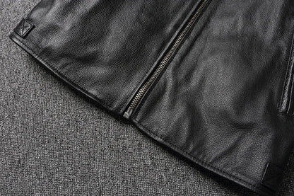 Mens Cowhide Leather Motorcycle Jacket - Plus Size Autumn Winter Stand Collar - ZOOMNSTORE