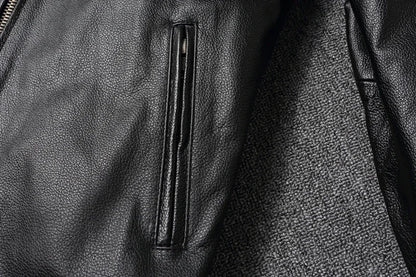Mens Cowhide Leather Motorcycle Jacket - Plus Size Autumn Winter Stand Collar - ZOOMNSTORE