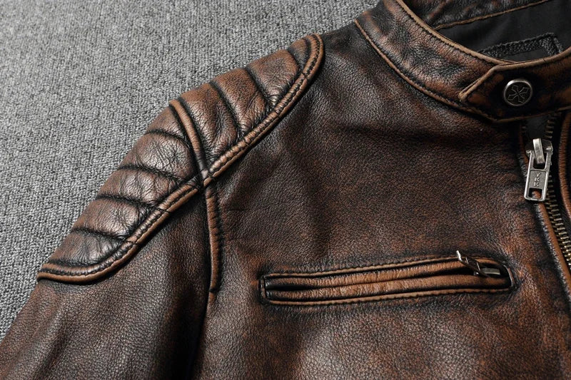 Mens Cowhide Leather Motorcycle Jacket - Plus Size Autumn Winter Stand Collar - ZOOMNSTORE