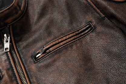 Mens Cowhide Leather Motorcycle Jacket - Plus Size Autumn Winter Stand Collar - ZOOMNSTORE