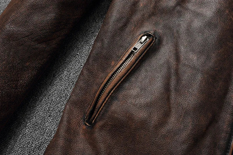 Mens Cowhide Leather Motorcycle Jacket - Plus Size Autumn Winter Stand Collar - ZOOMNSTORE