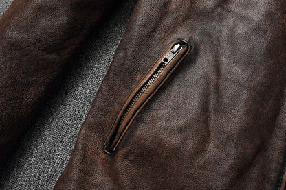Mens Cowhide Leather Motorcycle Jacket - Plus Size Autumn Winter Stand Collar - ZOOMNSTORE