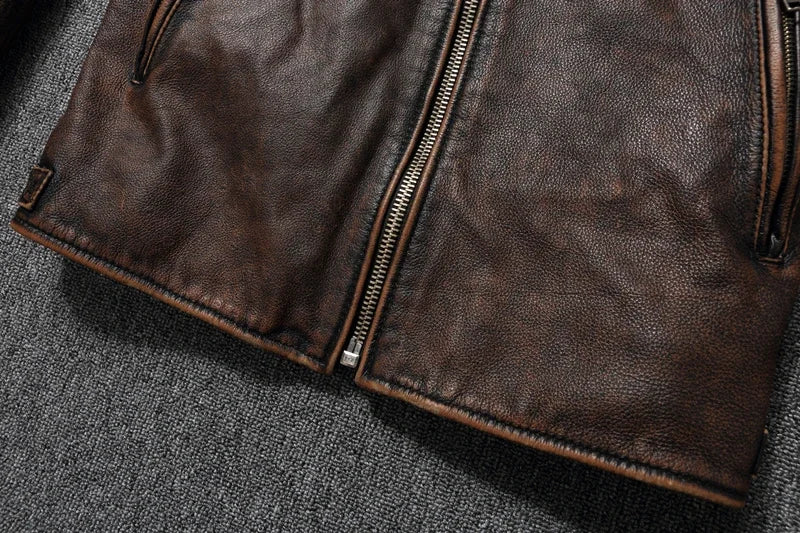 Mens Cowhide Leather Motorcycle Jacket - Plus Size Autumn Winter Stand Collar - ZOOMNSTORE