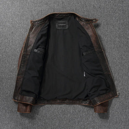 Mens Cowhide Leather Motorcycle Jacket - Plus Size Autumn Winter Stand Collar - ZOOMNSTORE