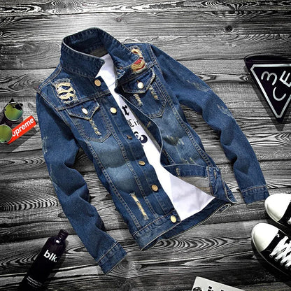 2025 Luxury Mens Denim Jackets Fashion Hole Jeans Jacket Mens Cotton Outwear Jackets Coat Long Sleeve Male Clothing Size 3XL 50 - ZOOMNSTORE