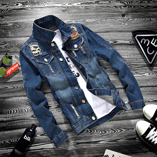 2025 Luxury Mens Denim Jackets Fashion Hole Jeans Jacket Mens Cotton Outwear Jackets Coat Long Sleeve Male Clothing Size 3XL 50 - ZOOMNSTORE