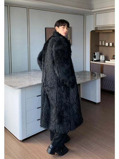 Mens Faux Fur Coat - Thick Warm Winter Fur Jacket With Loose Fit Trench Coat - ZOOMNSTORE