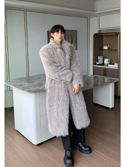 Mens Faux Fur Coat - Thick Warm Winter Fur Jacket With Loose Fit Trench Coat - ZOOMNSTORE