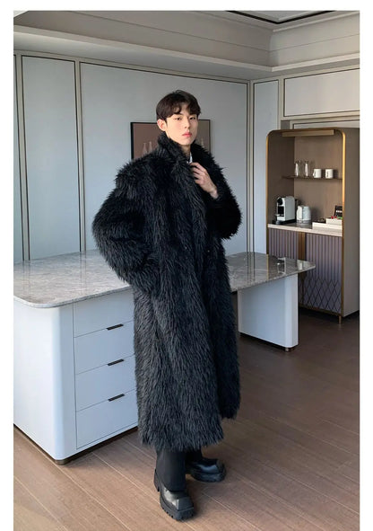 Mens Faux Fur Coat - Thick Warm Winter Fur Jacket With Loose Fit Trench Coat - ZOOMNSTORE
