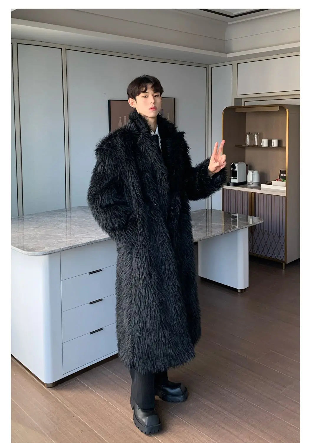 Mens Faux Fur Coat - Thick Warm Winter Fur Jacket With Loose Fit Trench Coat - ZOOMNSTORE