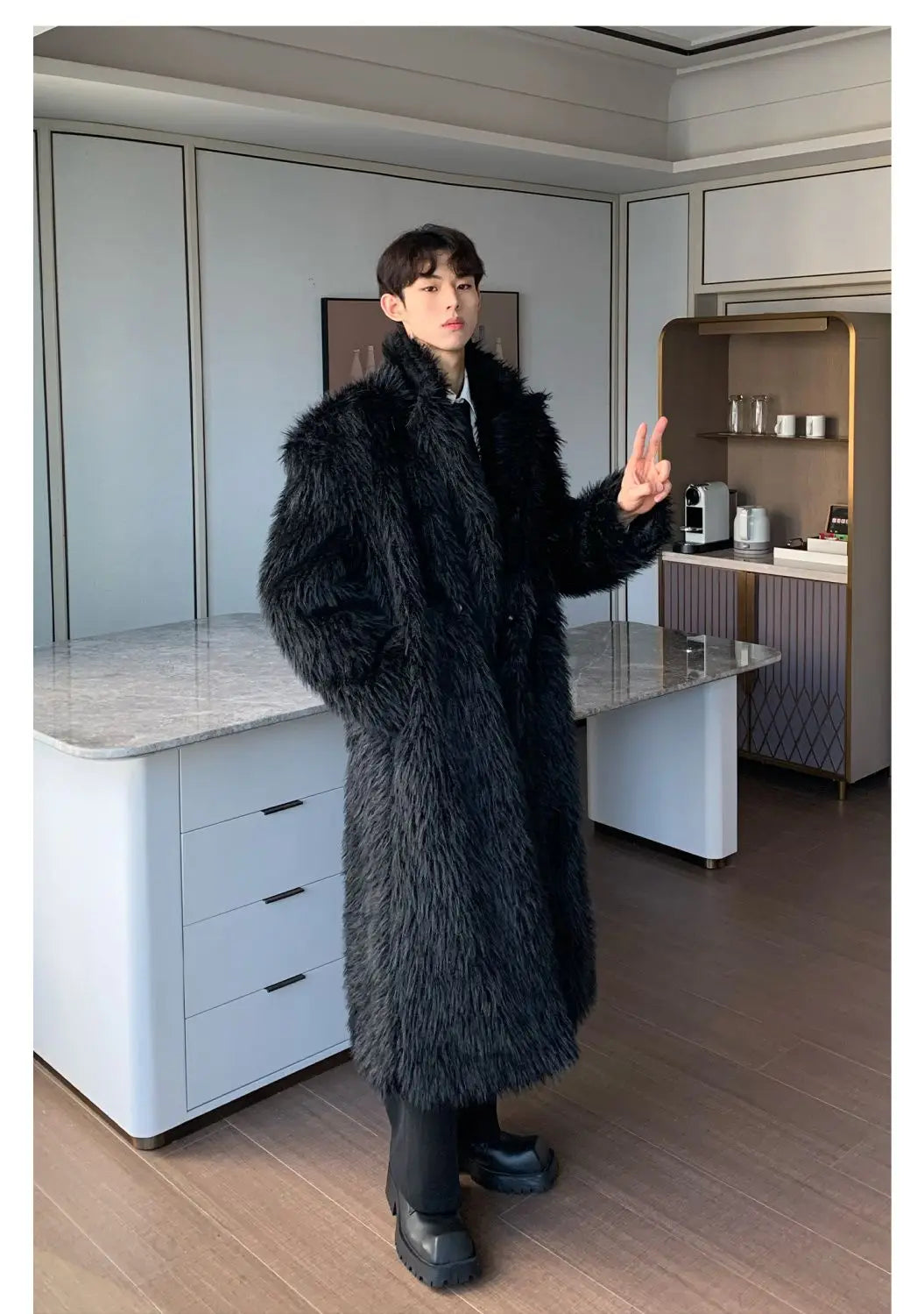 Mens Faux Fur Coat - Thick Warm Winter Fur Jacket With Loose Fit Trench Coat - ZOOMNSTORE