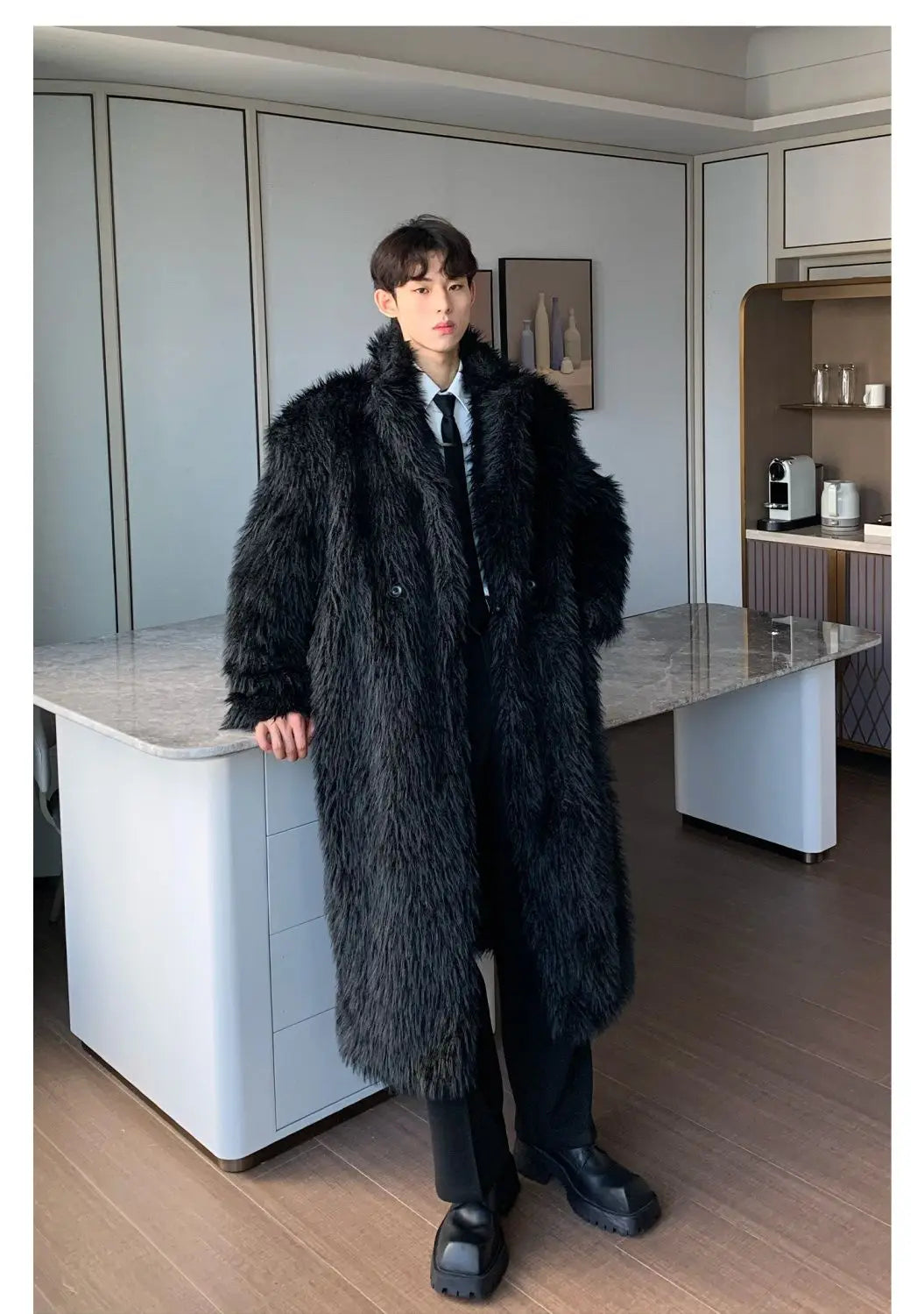 Mens Faux Fur Coat - Thick Warm Winter Fur Jacket With Loose Fit Trench Coat - ZOOMNSTORE
