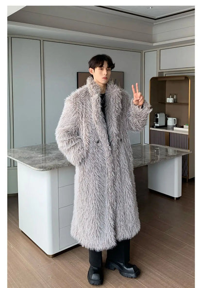 Mens Faux Fur Coat - Thick Warm Winter Fur Jacket With Loose Fit Trench Coat - ZOOMNSTORE