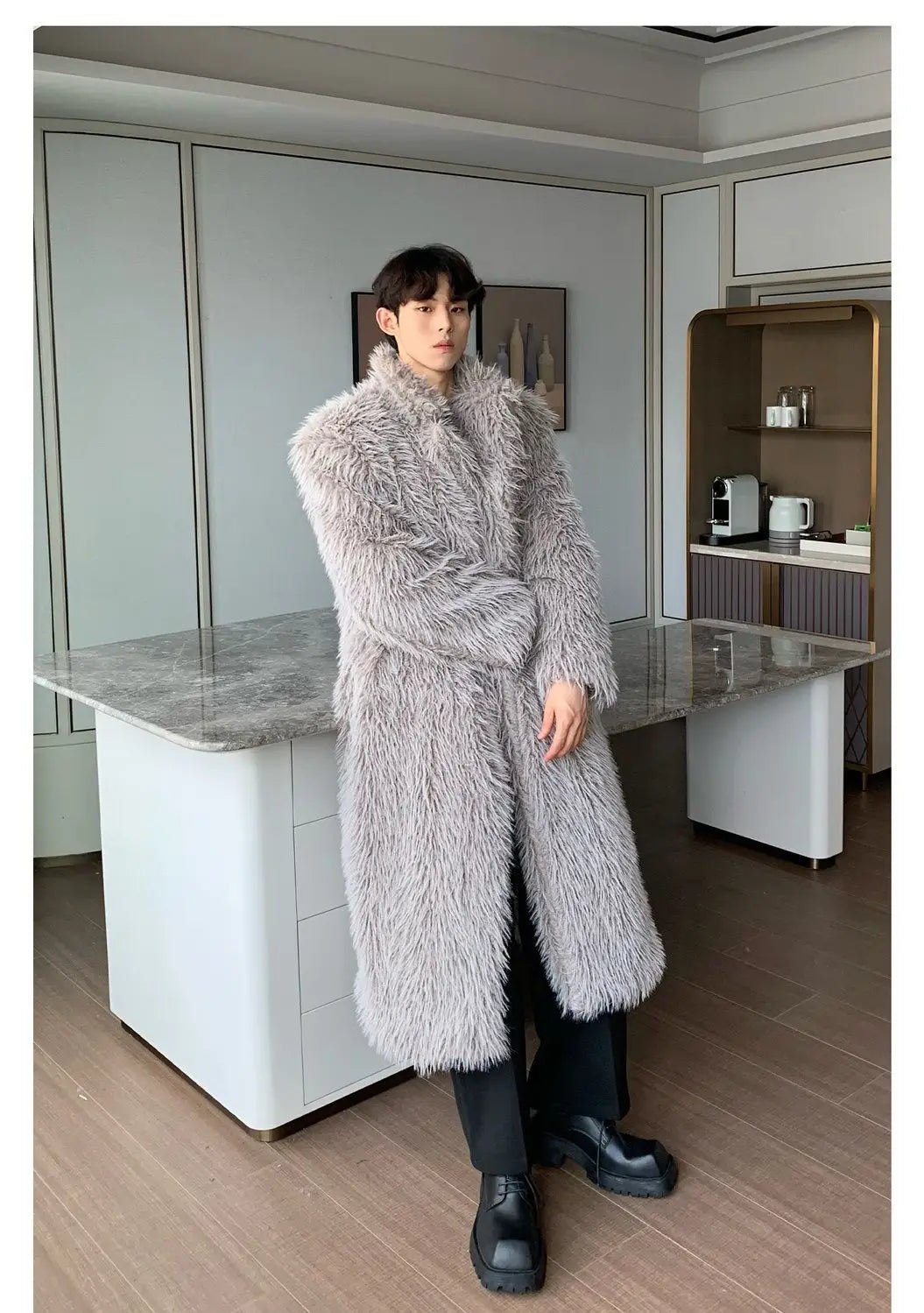 Mens Faux Fur Coat - Thick Warm Winter Fur Jacket With Loose Fit Trench Coat - ZOOMNSTORE