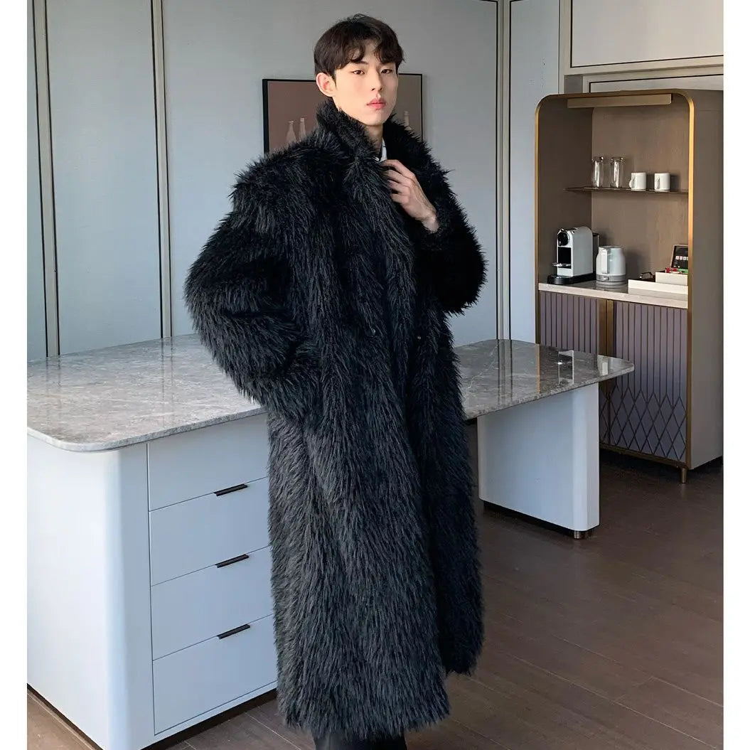 Mens Faux Fur Coat - Thick Warm Winter Fur Jacket With Loose Fit Trench Coat - ZOOMNSTORE