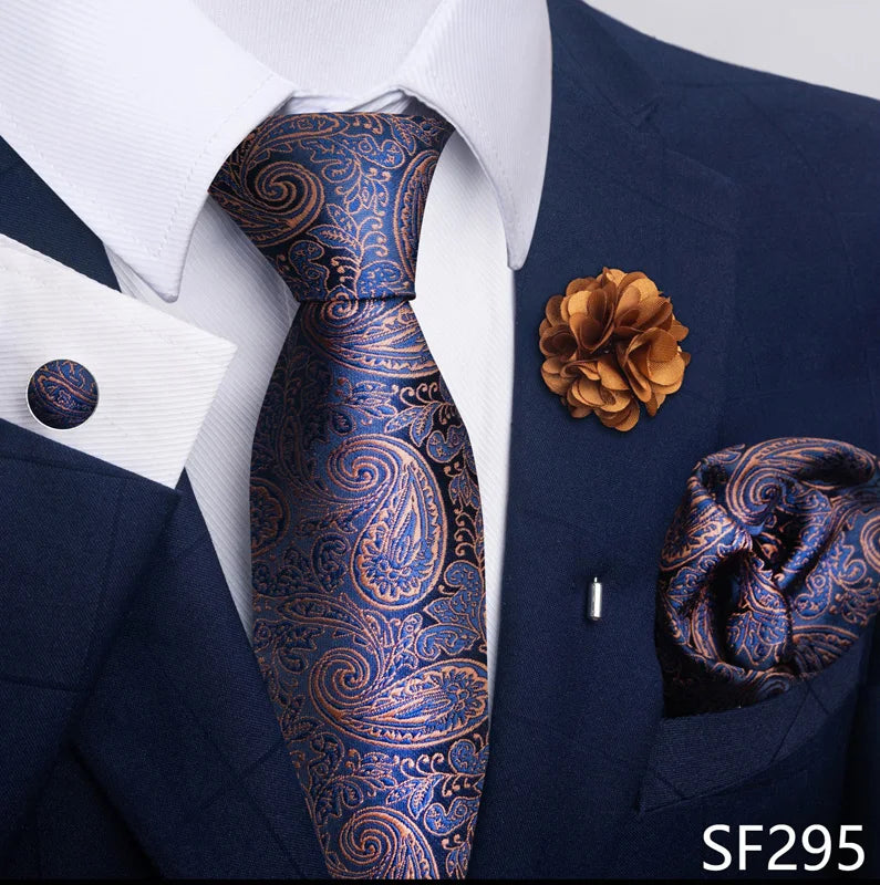 Luxury Mens Floral Black Gold Tie Set - Paisley Necktie Pocket Square Cufflinks  Brooch for Weddings and Parties - ZOOMNSTORE