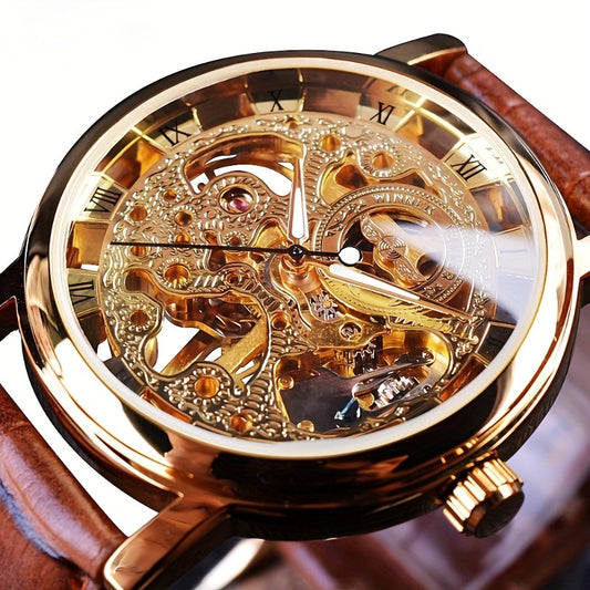 Full Hollow Manual Mechanical Mens Watch - Brown Belt Timepiece - ZOOMNSTORE