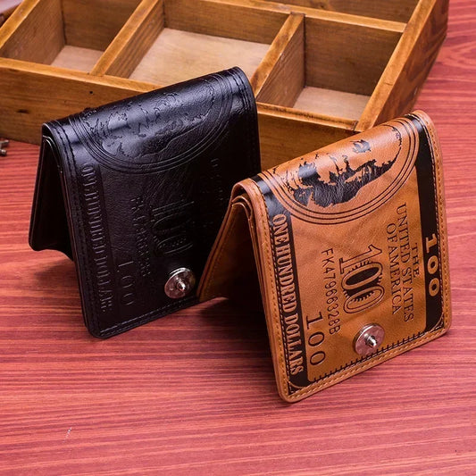 Mens Leather Wallet - 100 Dollar Pattern Zipper Coin Pocket Card Holder - ZOOMNSTORE