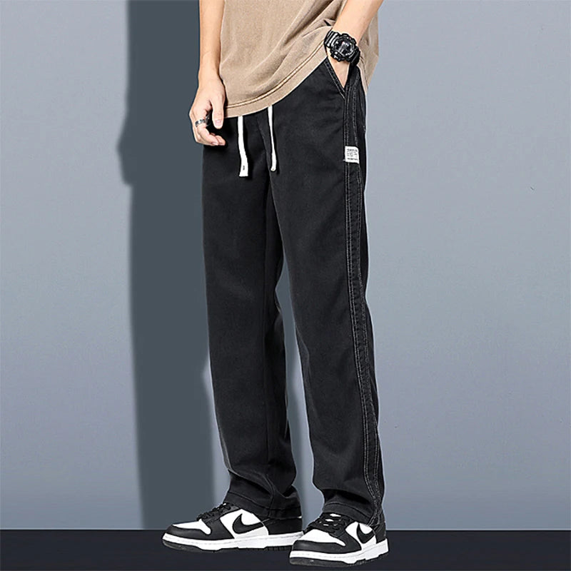Mens Loose Straight Leg Jeans - Soft Lyocell Fabric Drawstring Elastic Waist Korean Casual Pants - ZOOMNSTORE