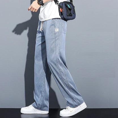 Mens Loose Straight Leg Jeans - Soft Lyocell Fabric Drawstring Elastic Waist Korean Casual Pants - ZOOMNSTORE