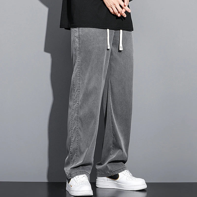 Mens Loose Straight Leg Jeans - Soft Lyocell Fabric Drawstring Elastic Waist Korean Casual Pants - ZOOMNSTORE