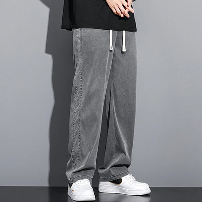 Mens Loose Straight Leg Jeans - Soft Lyocell Fabric Drawstring Elastic Waist Korean Casual Pants - ZOOMNSTORE