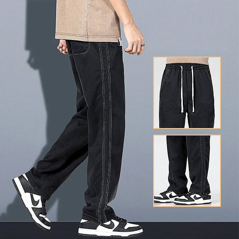 Mens Loose Straight Leg Jeans - Soft Lyocell Fabric Drawstring Elastic Waist Korean Casual Pants - ZOOMNSTORE
