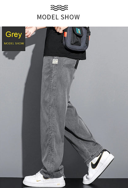 Mens Loose Straight Leg Jeans - Soft Lyocell Fabric Drawstring Elastic Waist Korean Casual Pants - ZOOMNSTORE